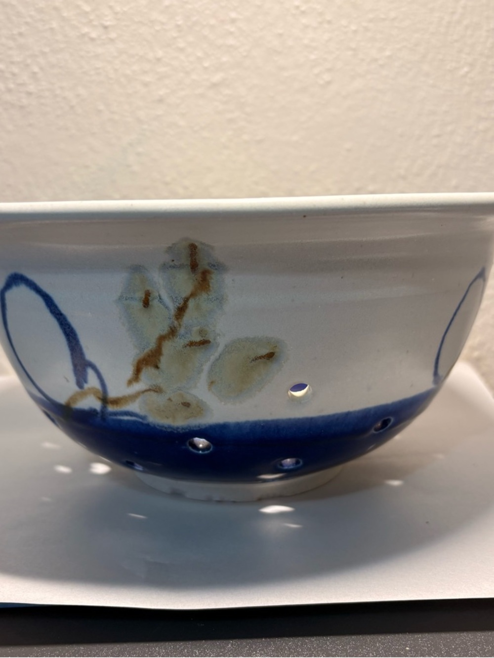 Handcrafted signed Ceramic Colander Bowl /berry bowl in Blue and White design